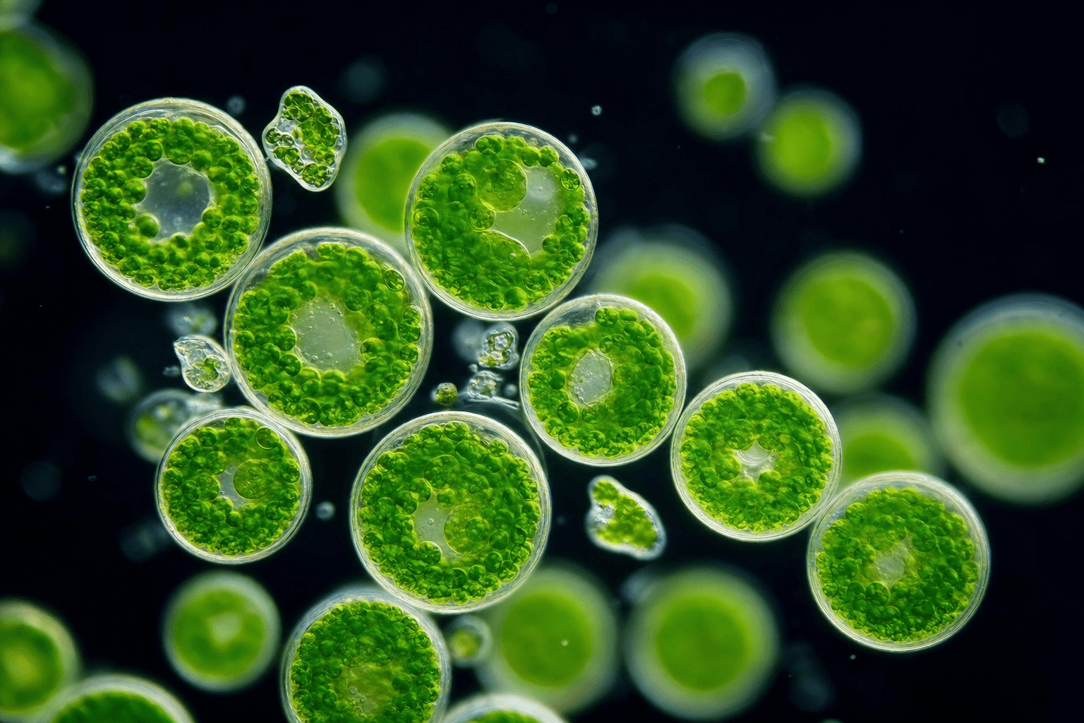 Freshwater green microalgae cells seen under the microscope